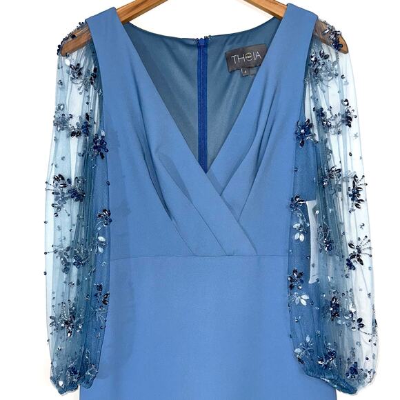 NWT Theia Kiera Beaded Puff Sleeve Gown in Storm Blue Size 4 - Picture 4 of 16